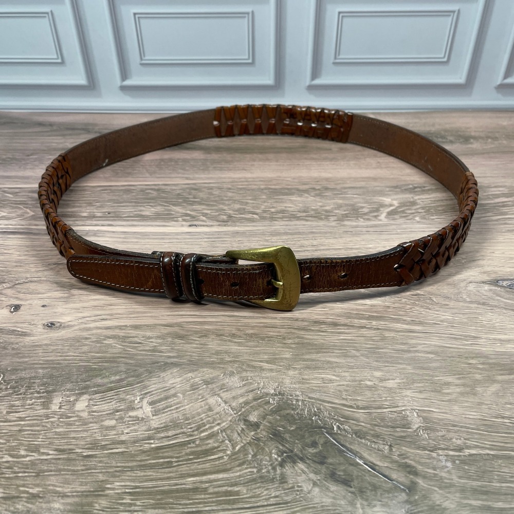 Brown Leather Woven‎ Belt Brass Buckle Womens Made in Italy